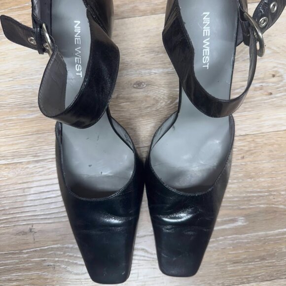 Nine West Black Leather Ankle Strap Heels Women's Size 10 - Picture 2 of 7